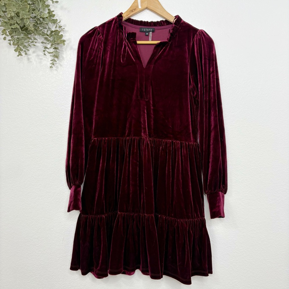 1. STATE‎ Velvet Dress Ruffled Neck Tiered Long Sleeve XS Maroon Mini